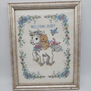 Vtg 90s Dimensions Unicorn Teddy Cross Stitch Framed Art Welcome Baby 14.5x11.5